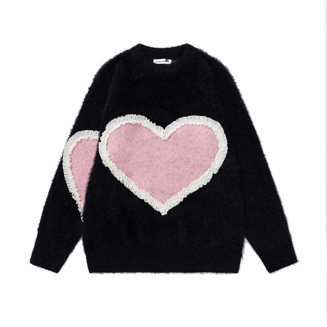 Fuzzy Ruffled Heart Patch Crewneck Knit Sweater