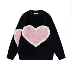 Fuzzy Ruffled Heart Patch Crewneck Knit Sweater