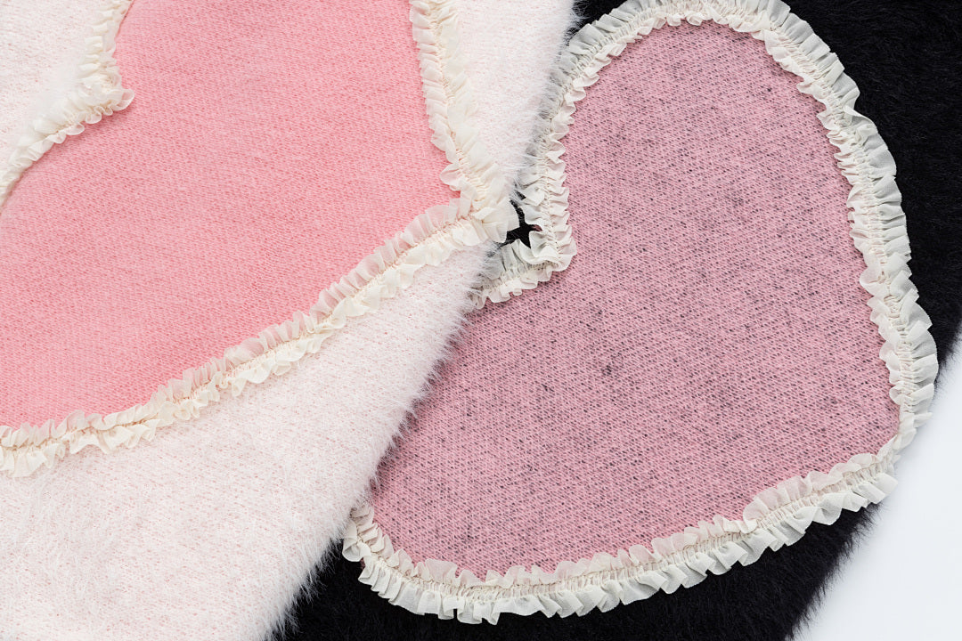Fuzzy Ruffled Heart Patch Crewneck Knit Sweater