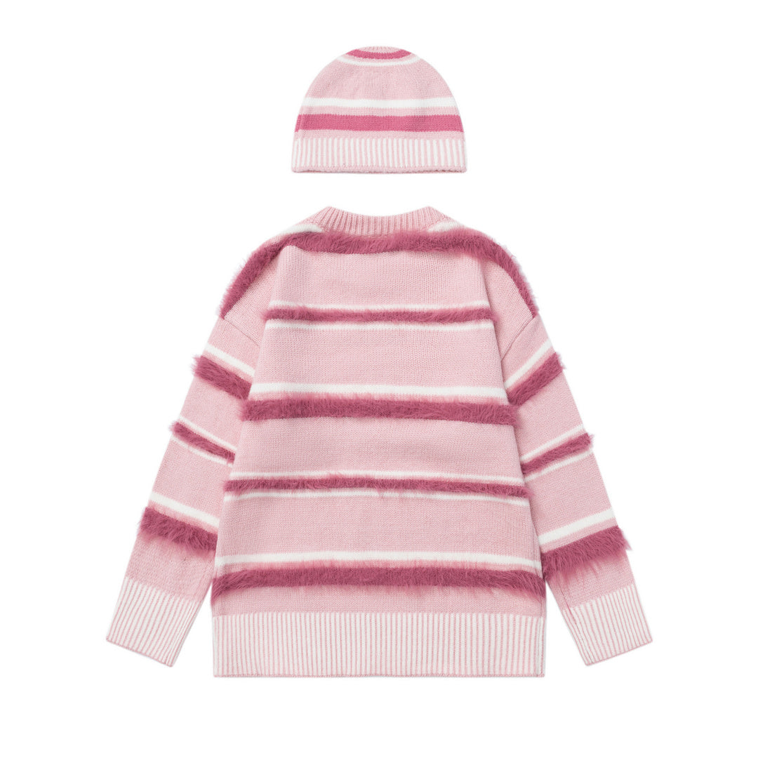 Fuzzy Stripe Knit Sweater Beanie Matching Set