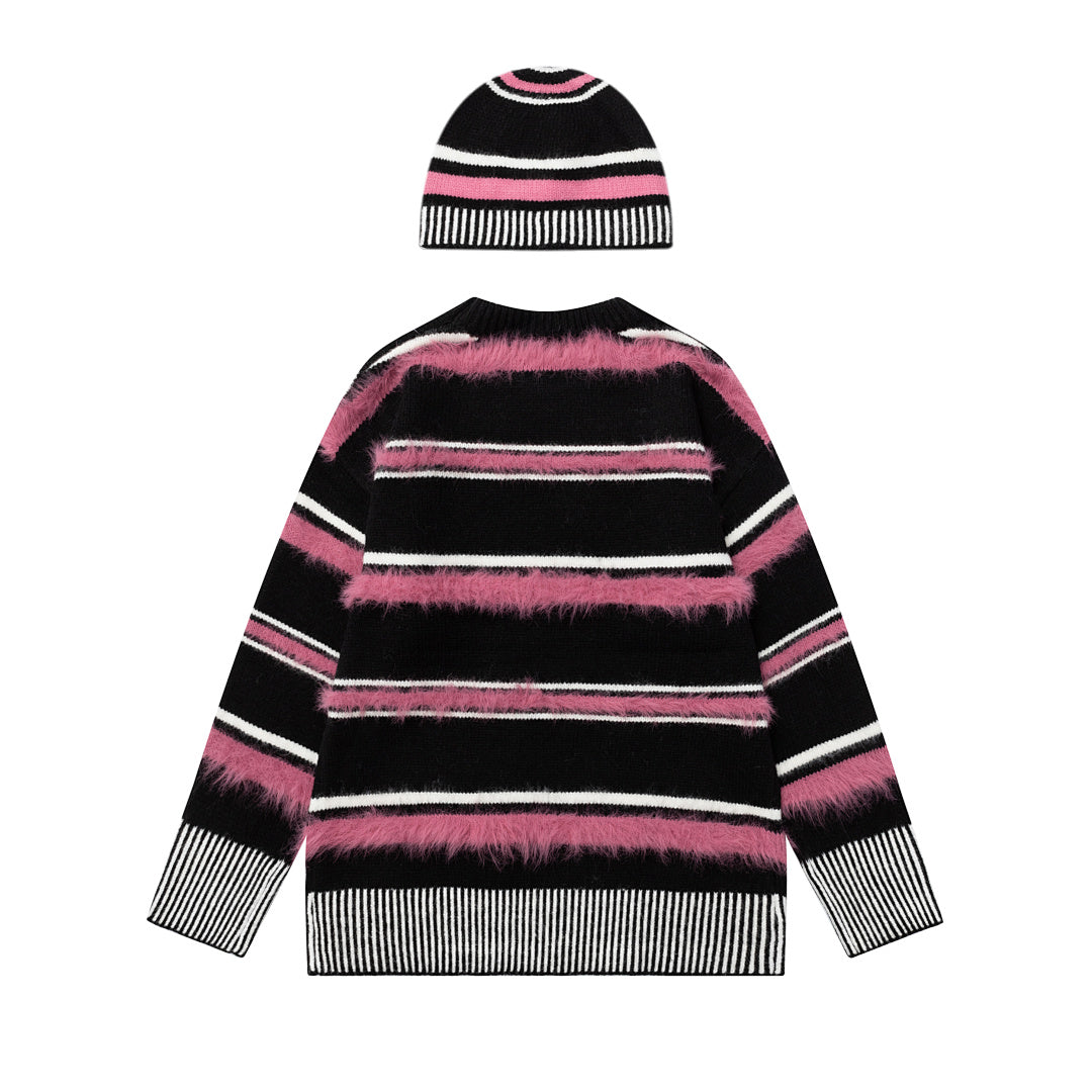 Fuzzy Stripe Knit Sweater Beanie Matching Set