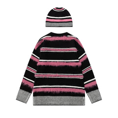 Fuzzy Stripe Knit Sweater Beanie Matching Set