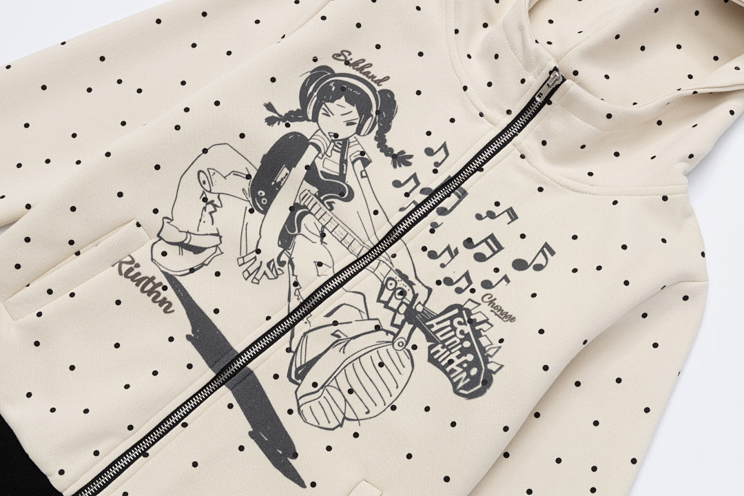 Polka Dot Zip‑Up Hoodie Guitar Girl Graphic