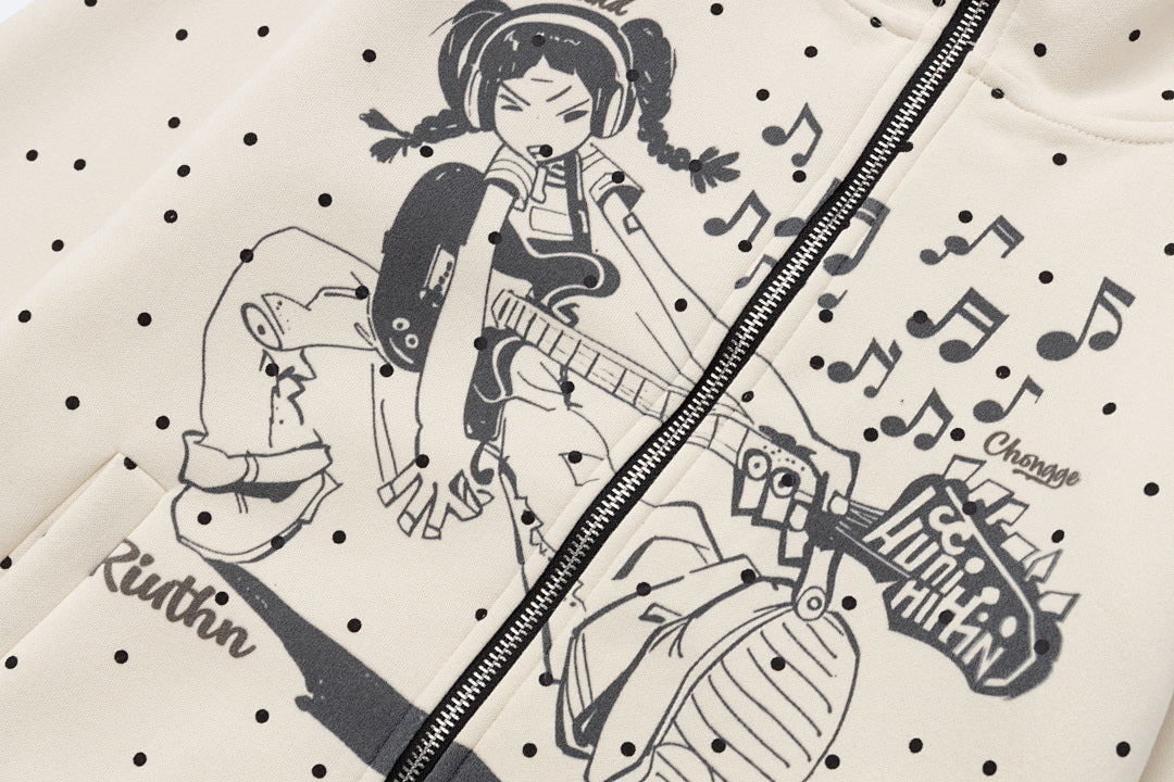 Polka Dot Zip‑Up Hoodie Guitar Girl Graphic