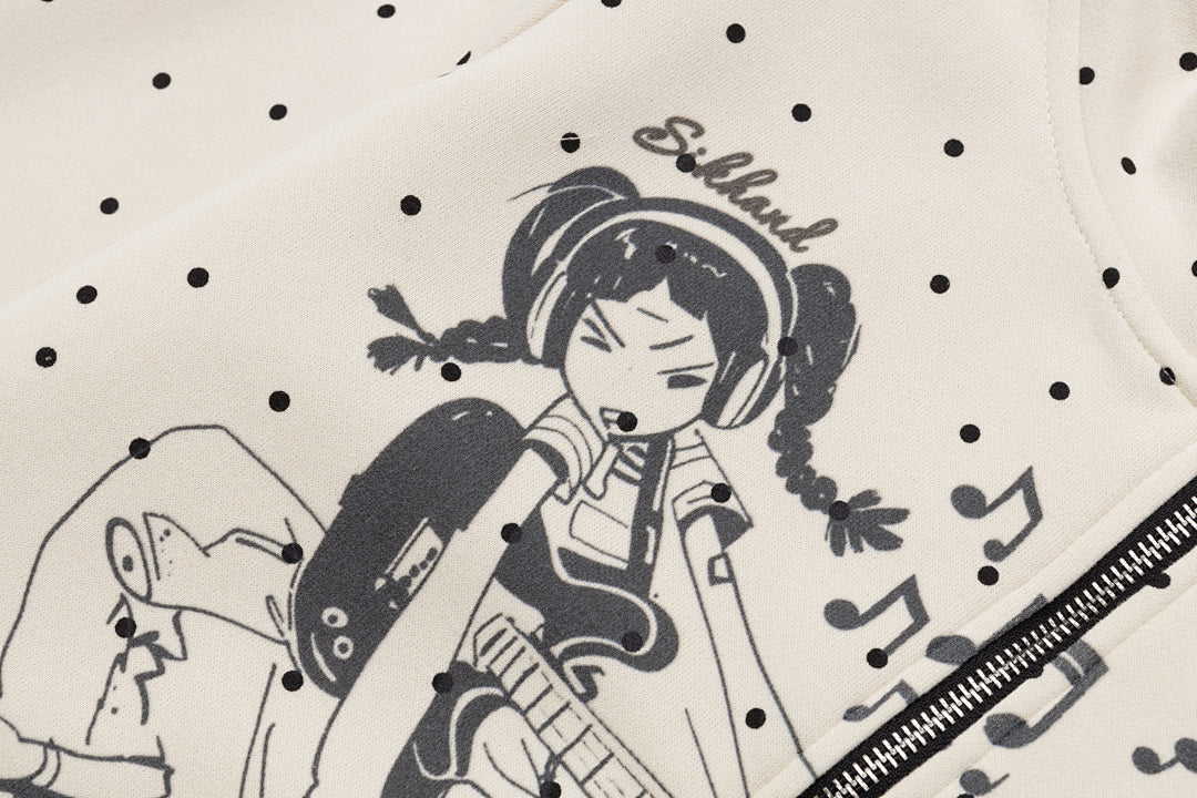 Polka Dot Zip‑Up Hoodie Guitar Girl Graphic