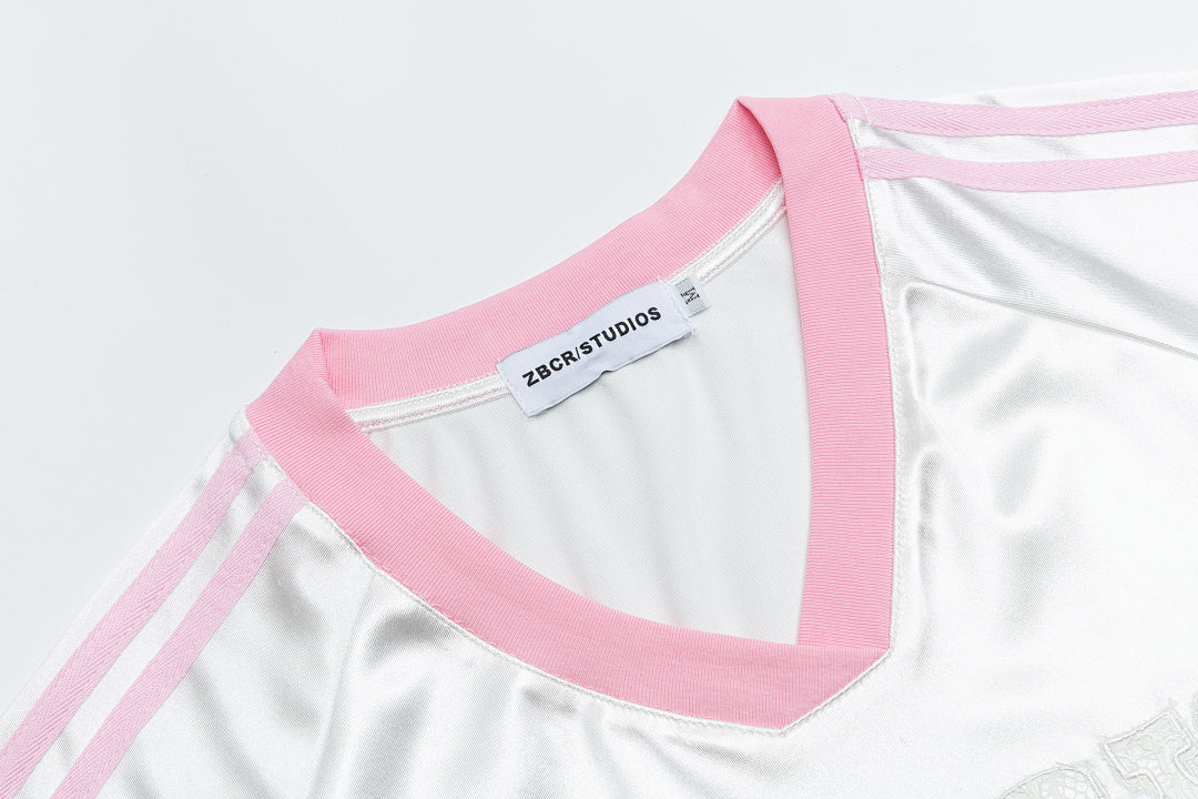 Satin Lace Patch V‑Neck Striped Jersey Top