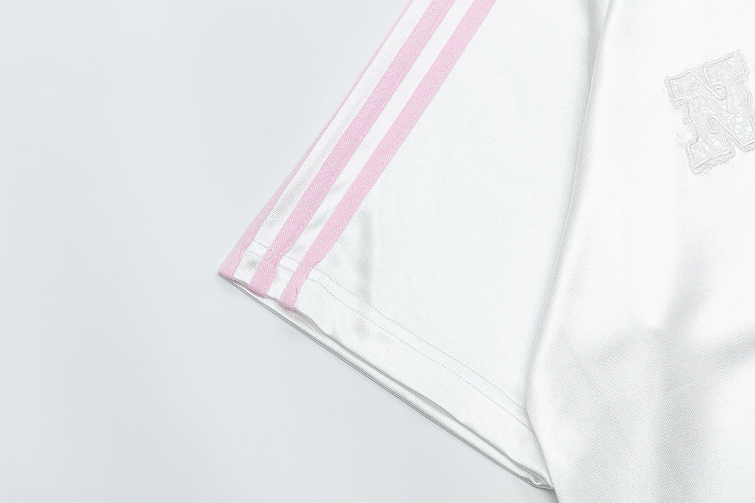 Satin Lace Patch V‑Neck Striped Jersey Top