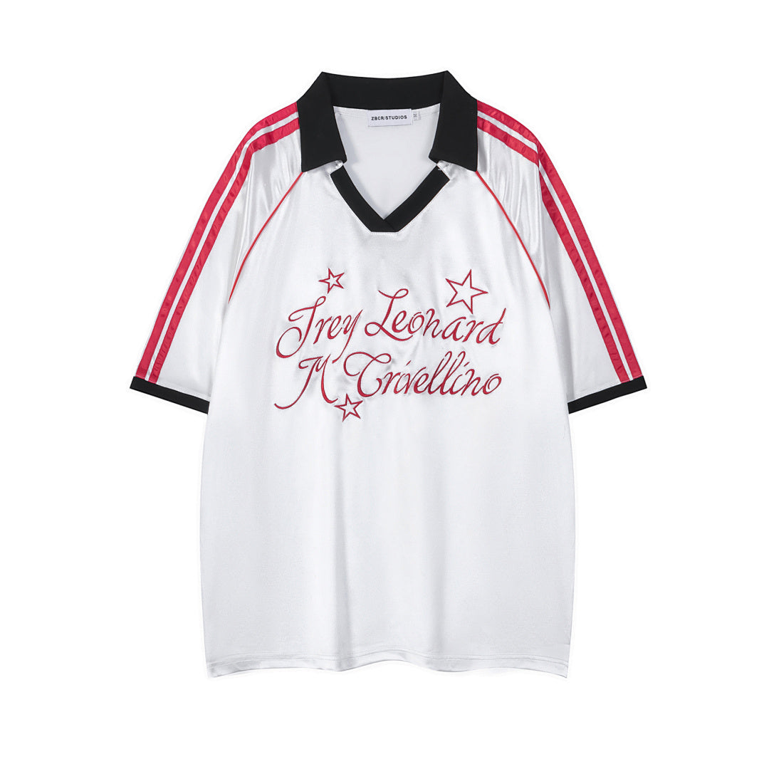 Script Star Embroidery Striped Sleeve Soccer Jersey Polo