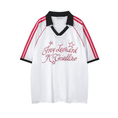 Script Star Embroidery Striped Sleeve Soccer Jersey Polo