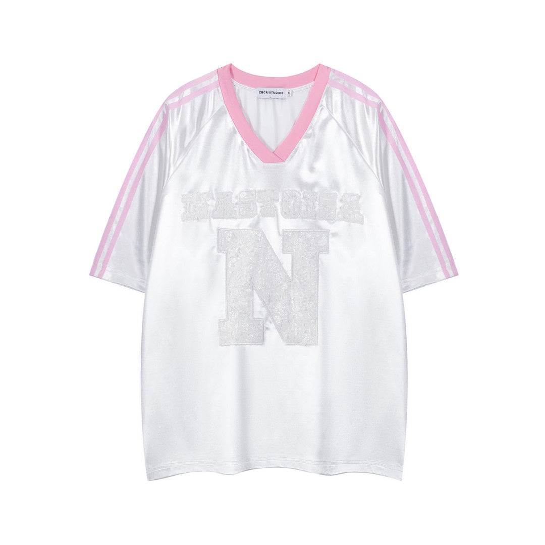 Satin Lace Patch V‑Neck Striped Jersey Top