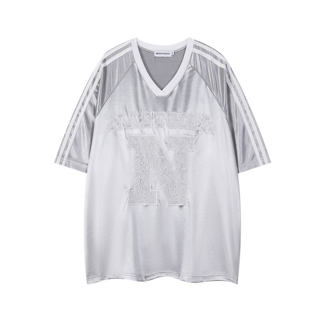 Satin Lace Patch V‑Neck Striped Jersey Top