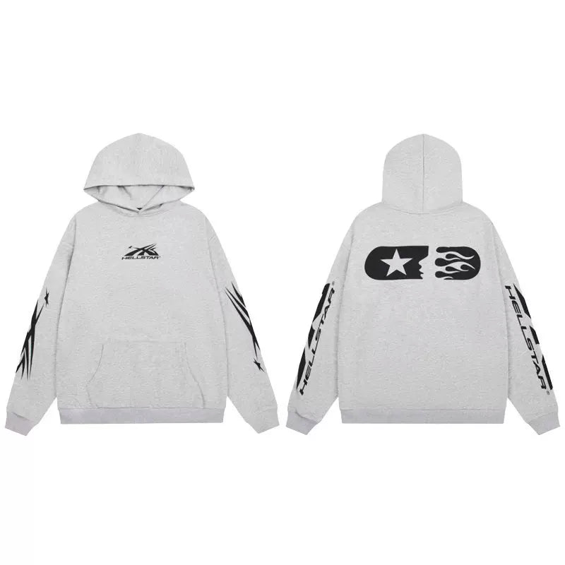 Hellstar Light Grey Pullover Hoodie Star‑Logo Back Print Street‑Fashion Hooded Sweatshirt
