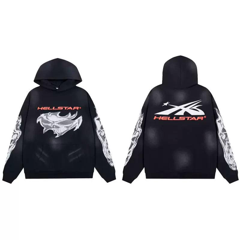 Hellstar Abstract Art Graphic Black Hoodie Edgy Street Style Pullover Hooded Sweatshirt