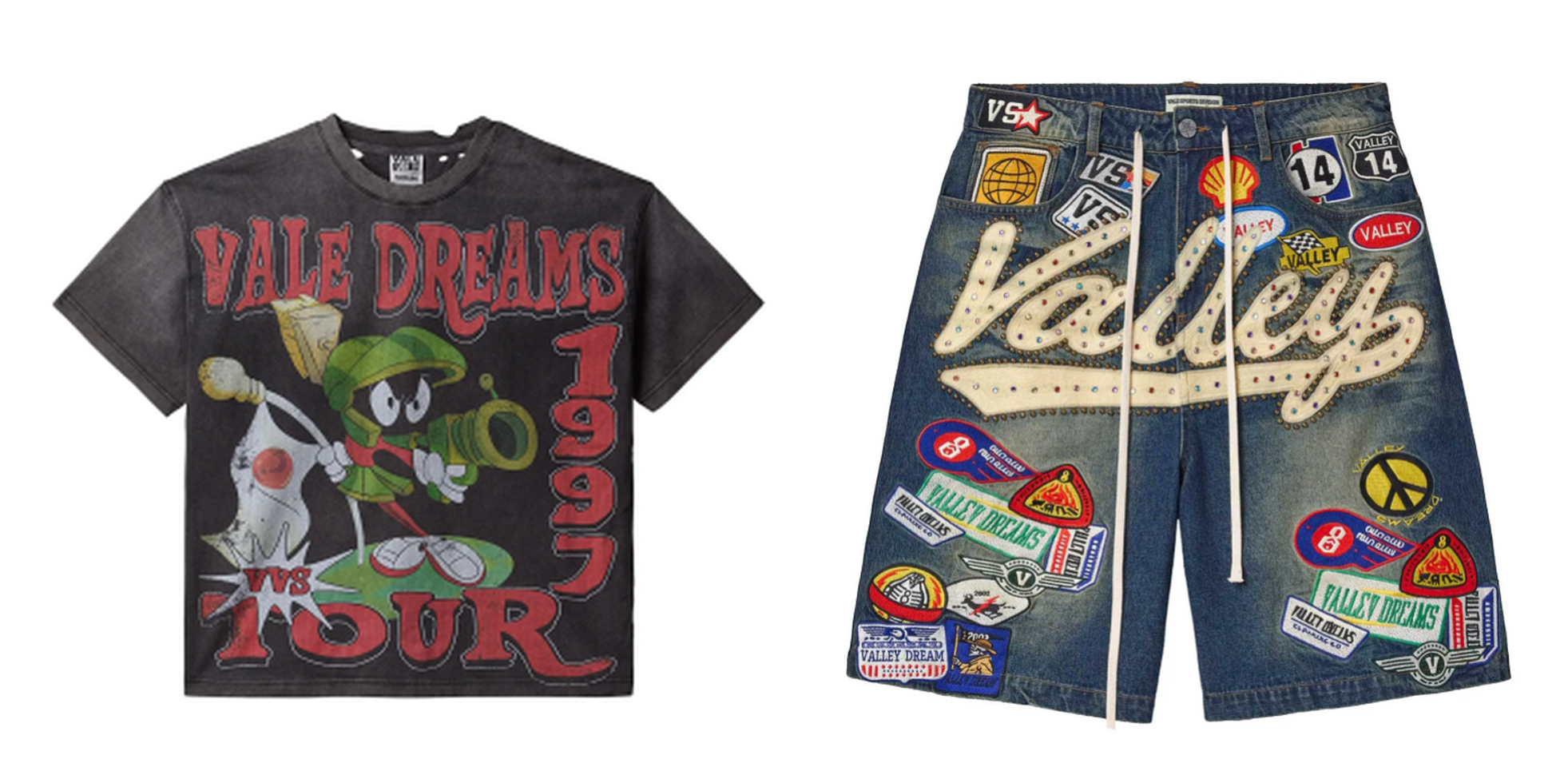 Valley Dreams 1997 Cartoon Graphic Tee & Rhinestone‑Patch Denim Shorts Set