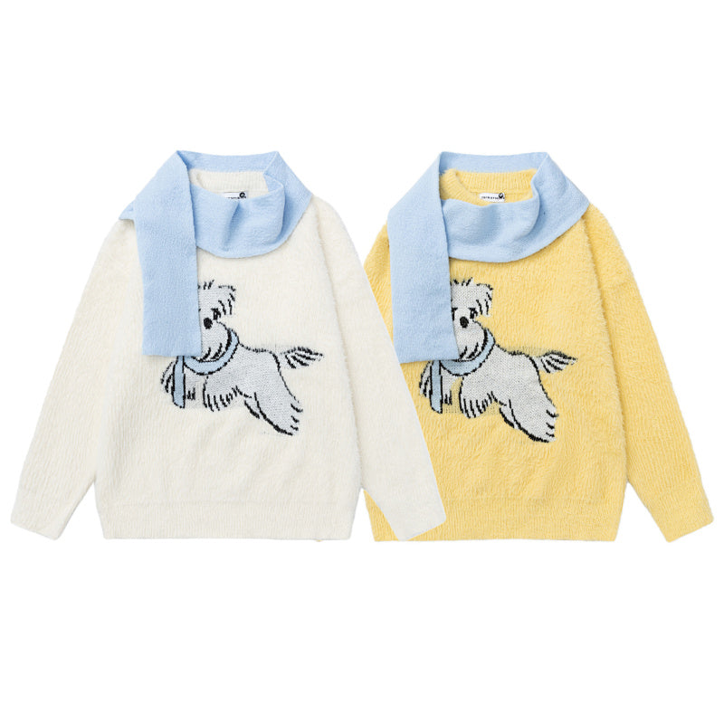Cartoon Dog Jacquard Fuzzy Sweater With Detachable Scarf