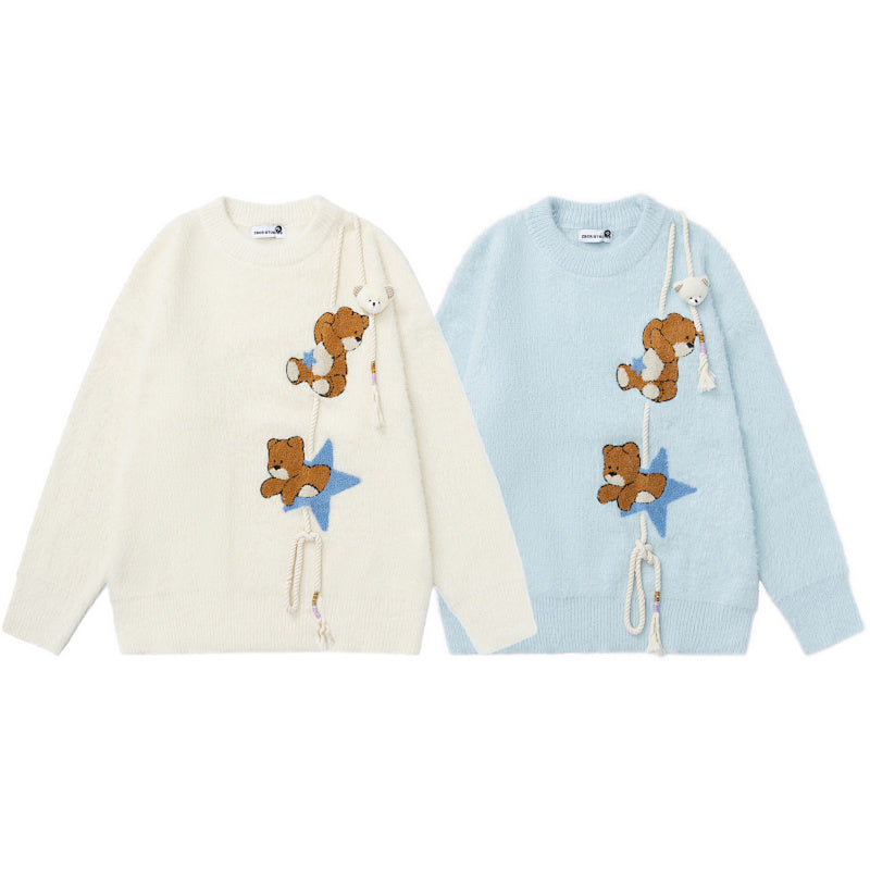 3D Bear Star Applique Fuzzy Crewneck Sweater