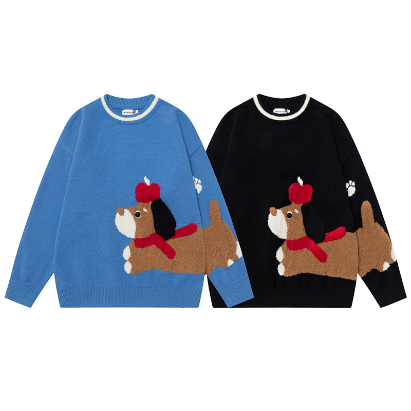 Cartoon Dachshund Jacquard Contrast Trim Crewneck Sweater