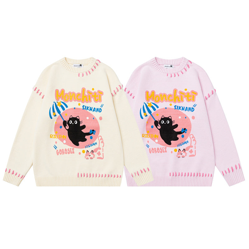 Cartoon Cat Graphic Stitch Detail Crewneck Sweater