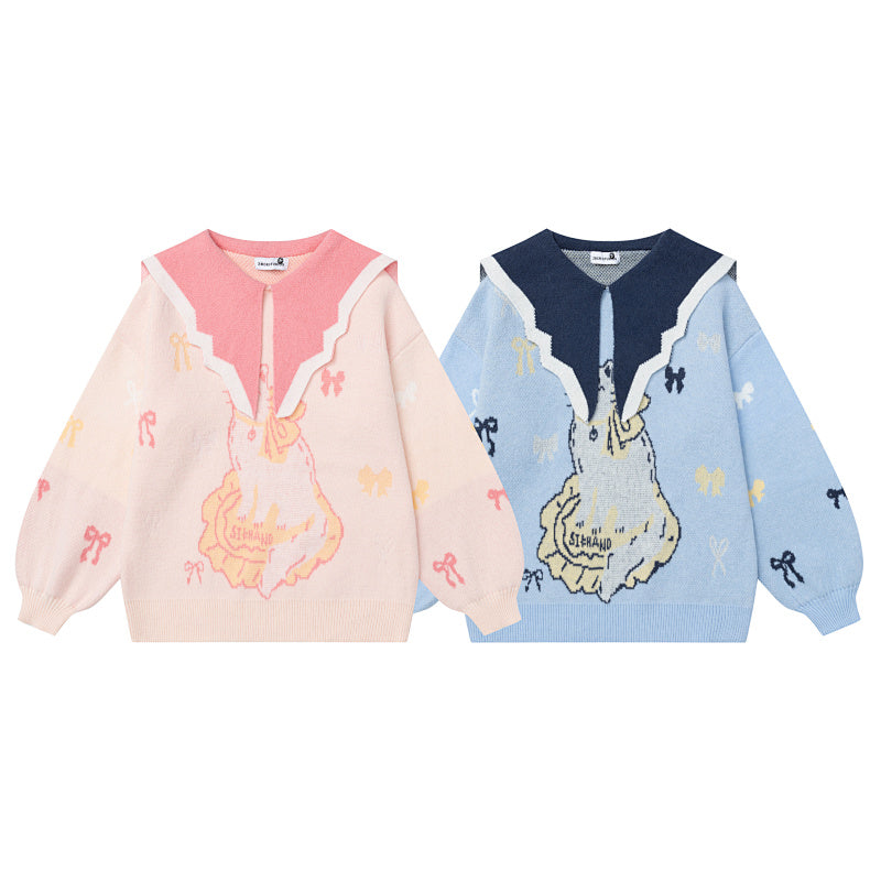 Cat Bow Jacquard Contrast Big Collar Knit Sweater