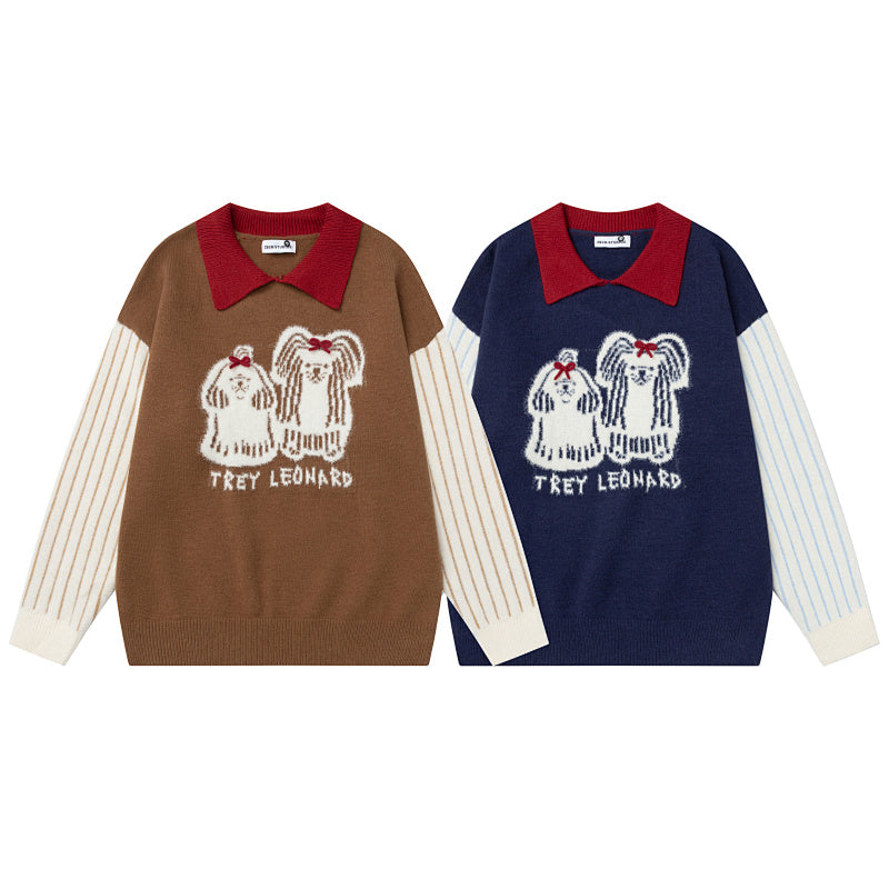 Contrast Collar Striped Splice Dog Graphic Knit Sweater