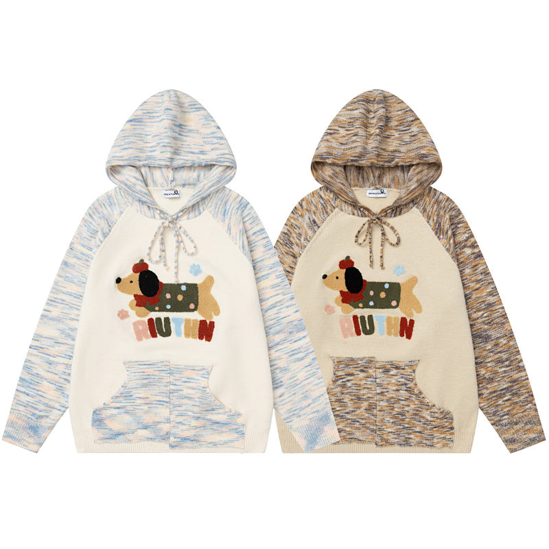 Dachshund Applique Raglan Hooded Knit Sweater