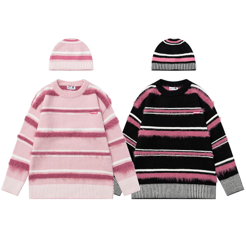 Fuzzy Stripe Knit Sweater Beanie Matching Set