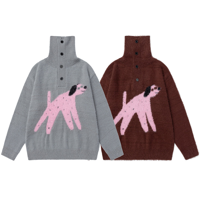 Fuzzy Half Button High Neck Dog Jacquard Sweater
