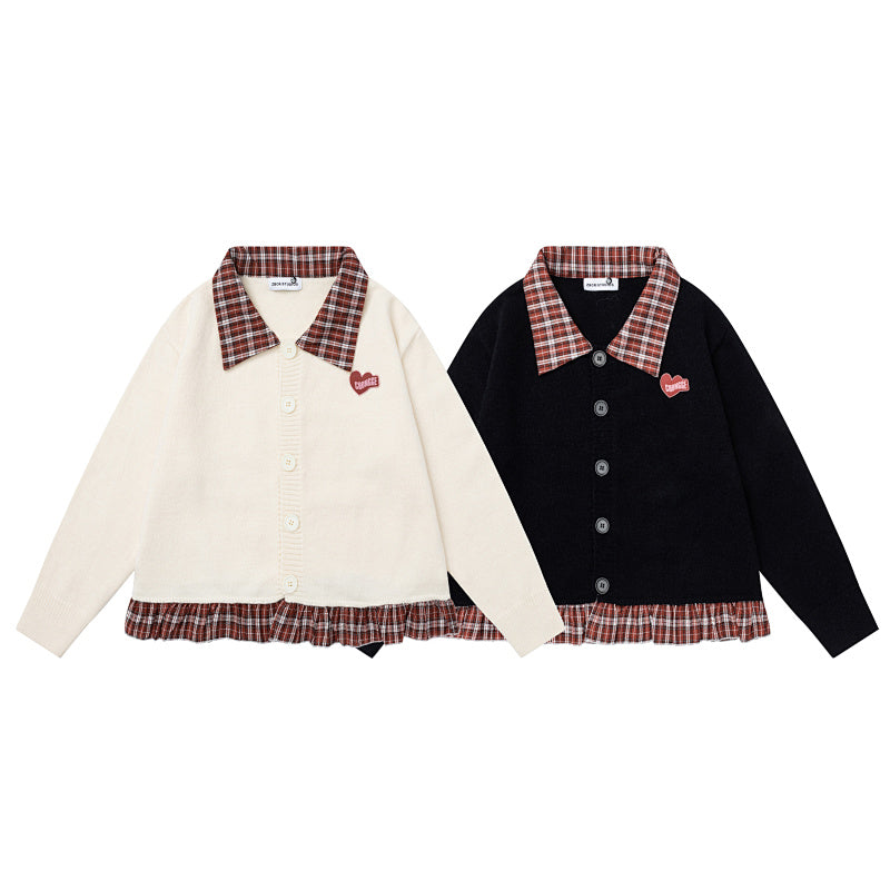 Plaid Ruffle Trim Heart Patch Knit Cardigan