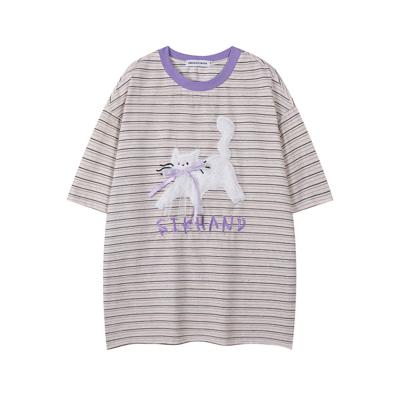 Striped Ringer Tee Fuzzy Cat Patch With Ribbon