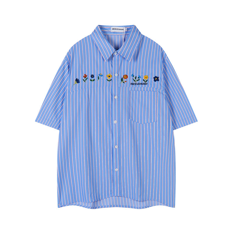 Blue Stripe Floral Embroidery Short Sleeve Shirt