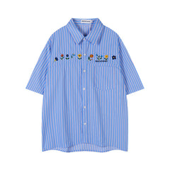 Blue Stripe Floral Embroidery Short Sleeve Shirt