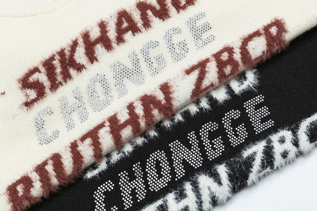 Distressed Fringe Knit Hoodie Multi‑Layer Letter Jacquard