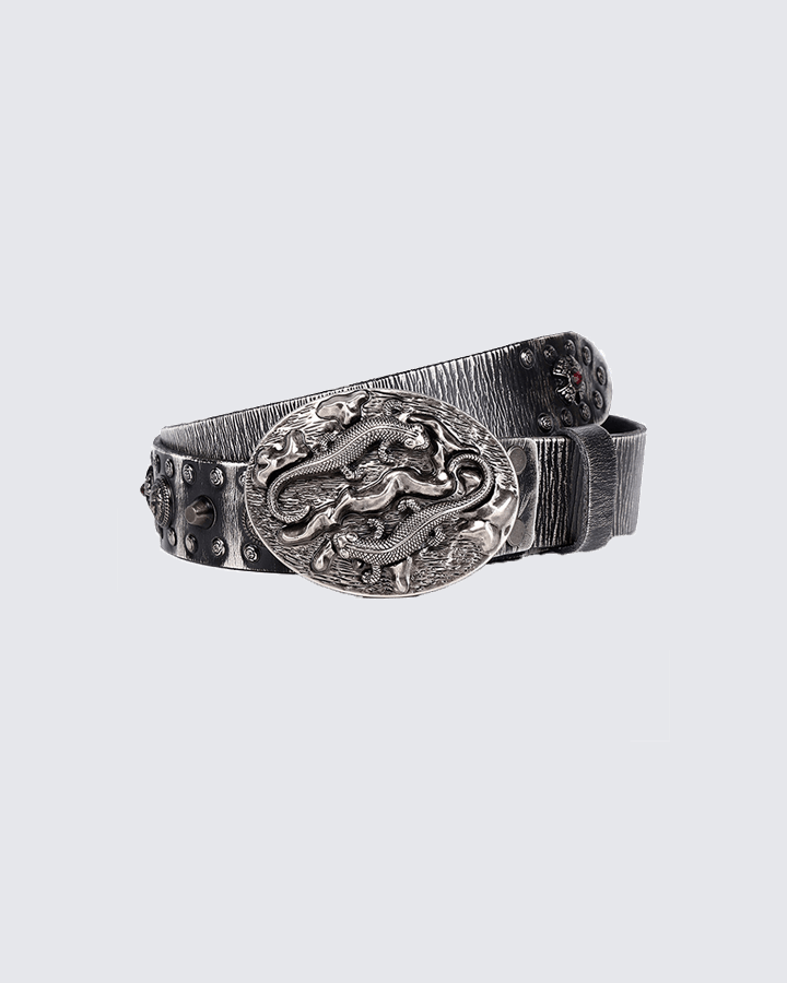Embossed Dragon Buckle Studded Leather Belt