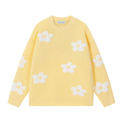 Floral Motif Ribbed Crewneck Knit Sweater