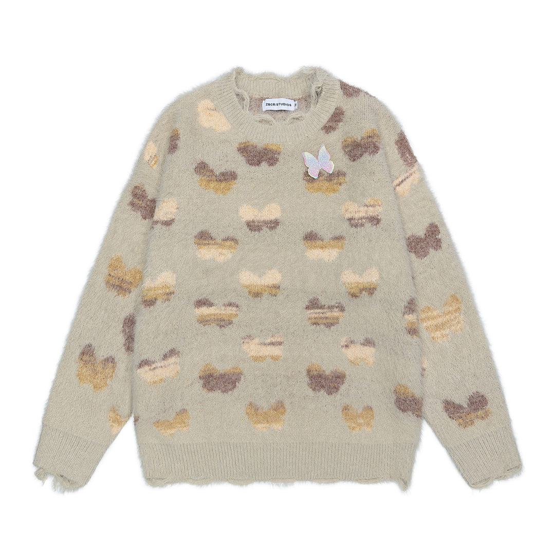 Butterfly Jacquard Distressed Fuzzy Crewneck Sweater