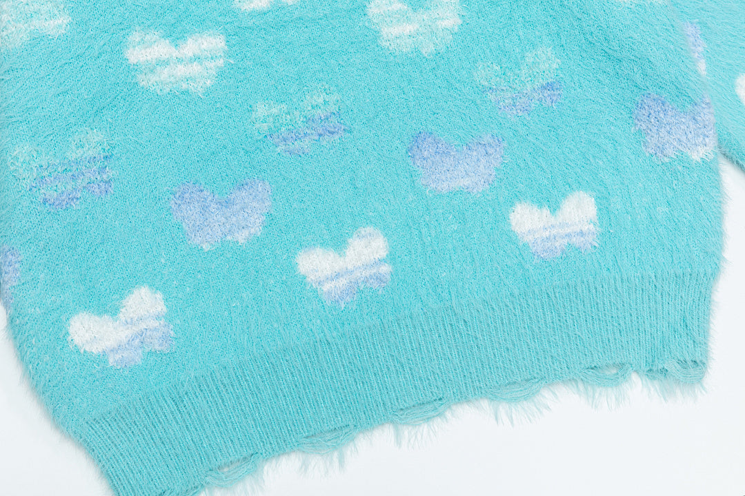 Butterfly Jacquard Distressed Fuzzy Crewneck Sweater