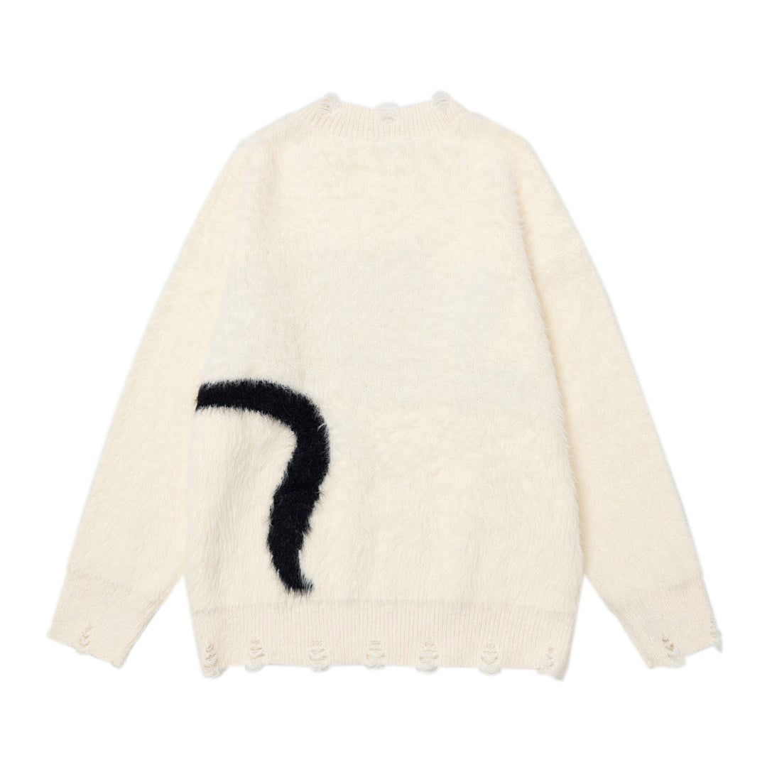 Distressed V‑Neck Black Cat Graphic Fuzzy Knit Sweater