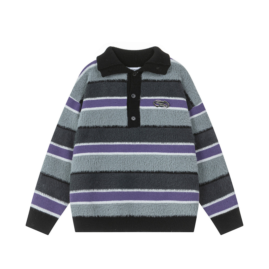 Fuzzy Button Placket Stripe Mock Neck Knit Sweater
