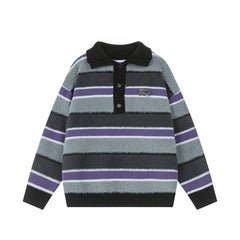 Fuzzy Button Placket Stripe Mock Neck Knit Sweater
