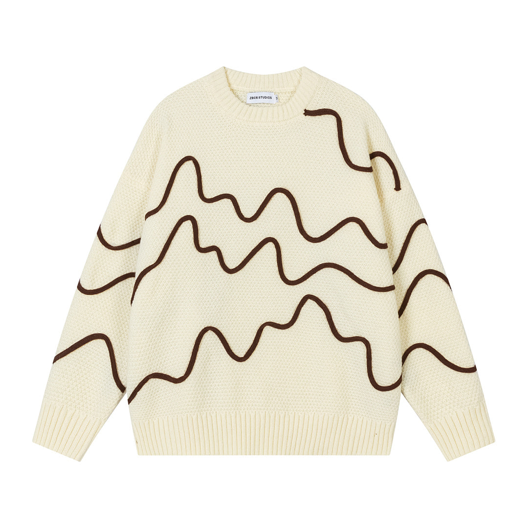 3D Wave Line Applique Knit Sweater
