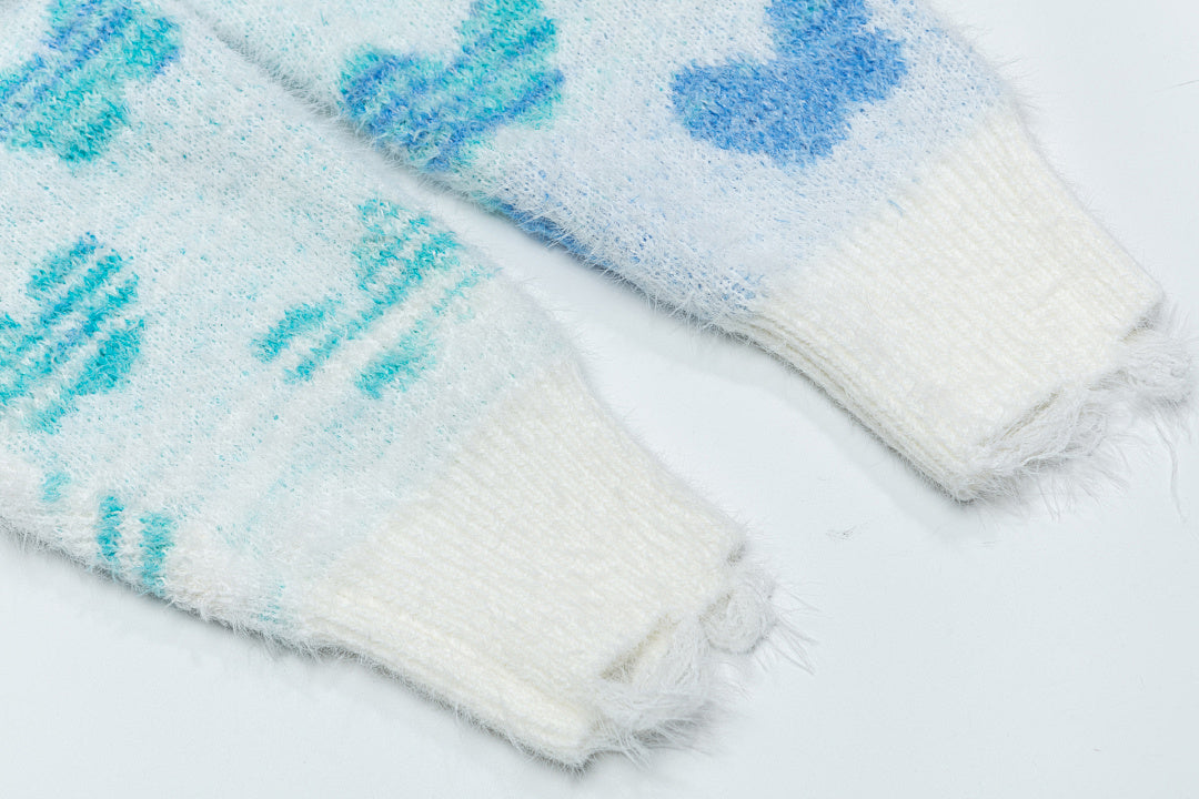 Butterfly Jacquard Distressed Fuzzy Crewneck Sweater
