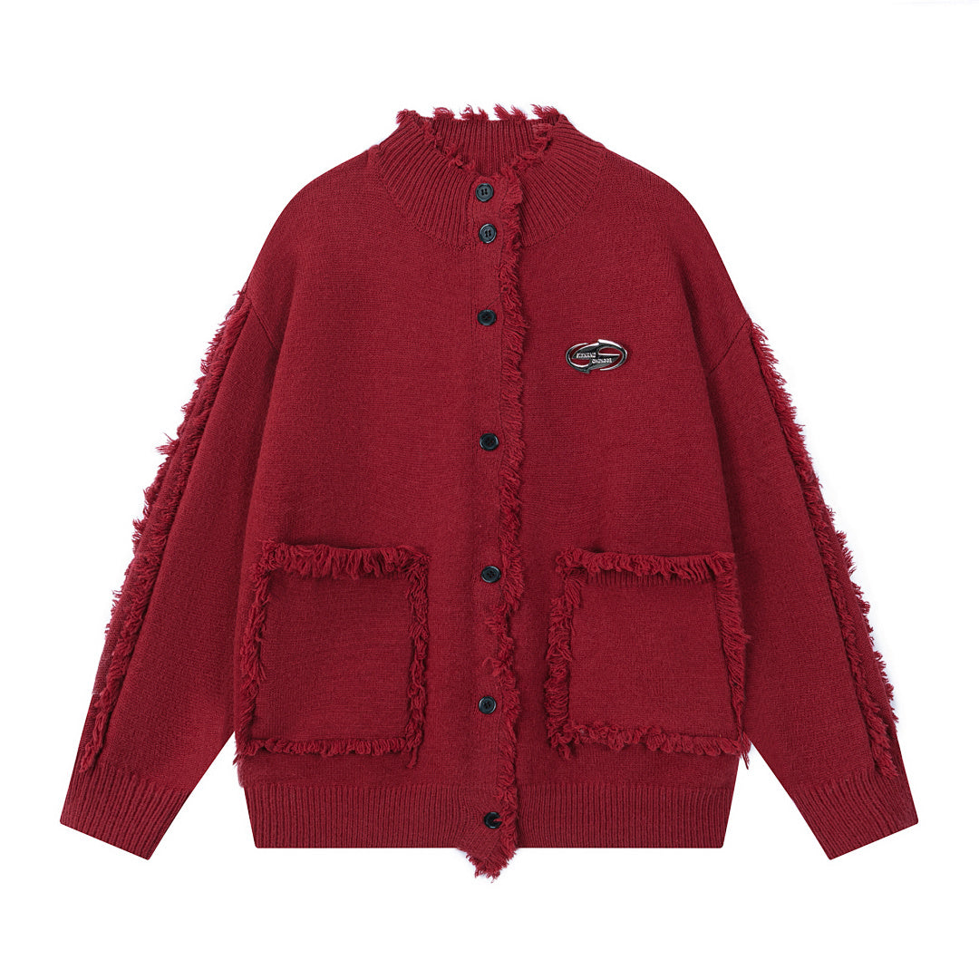 Frayed Raw Edge Knit Cardigan Metal Badge Detail