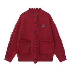 Frayed Raw Edge Knit Cardigan Metal Badge Detail