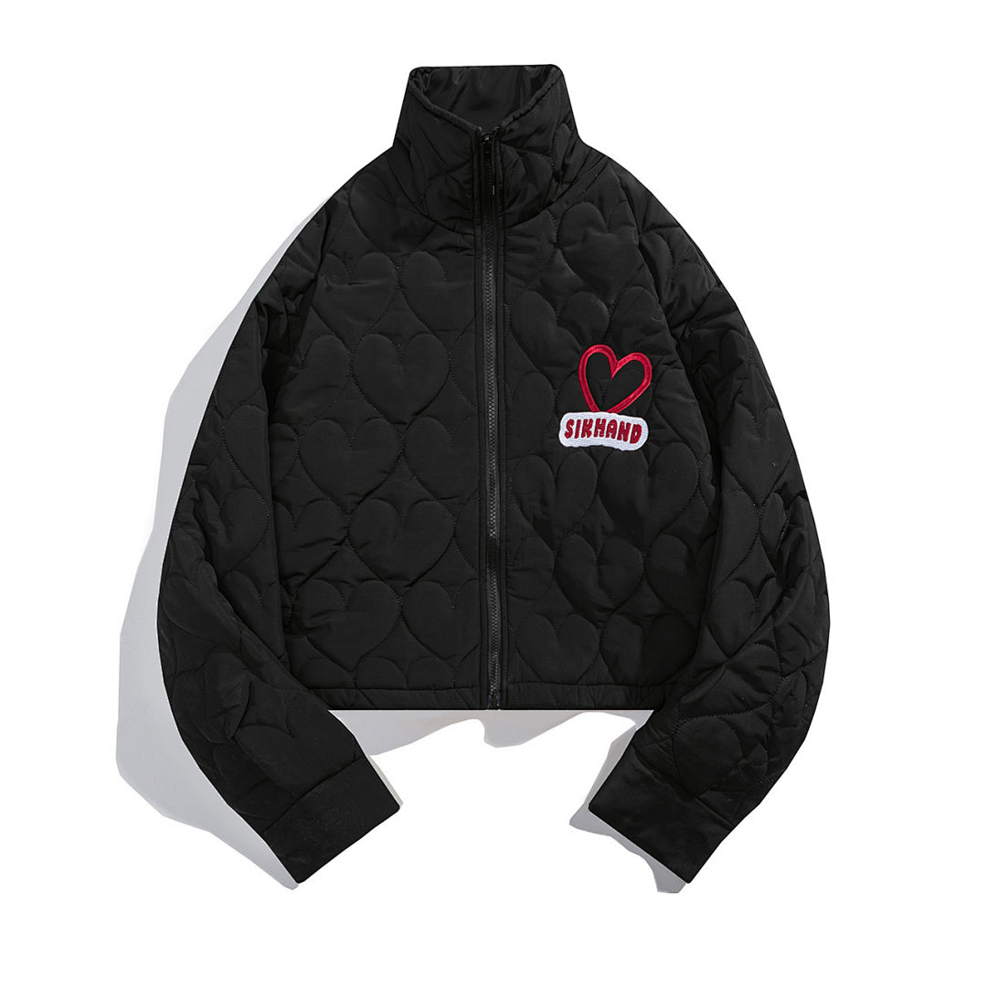 Heart Quilted Cropped Puffer Jacket Heart Embroidery