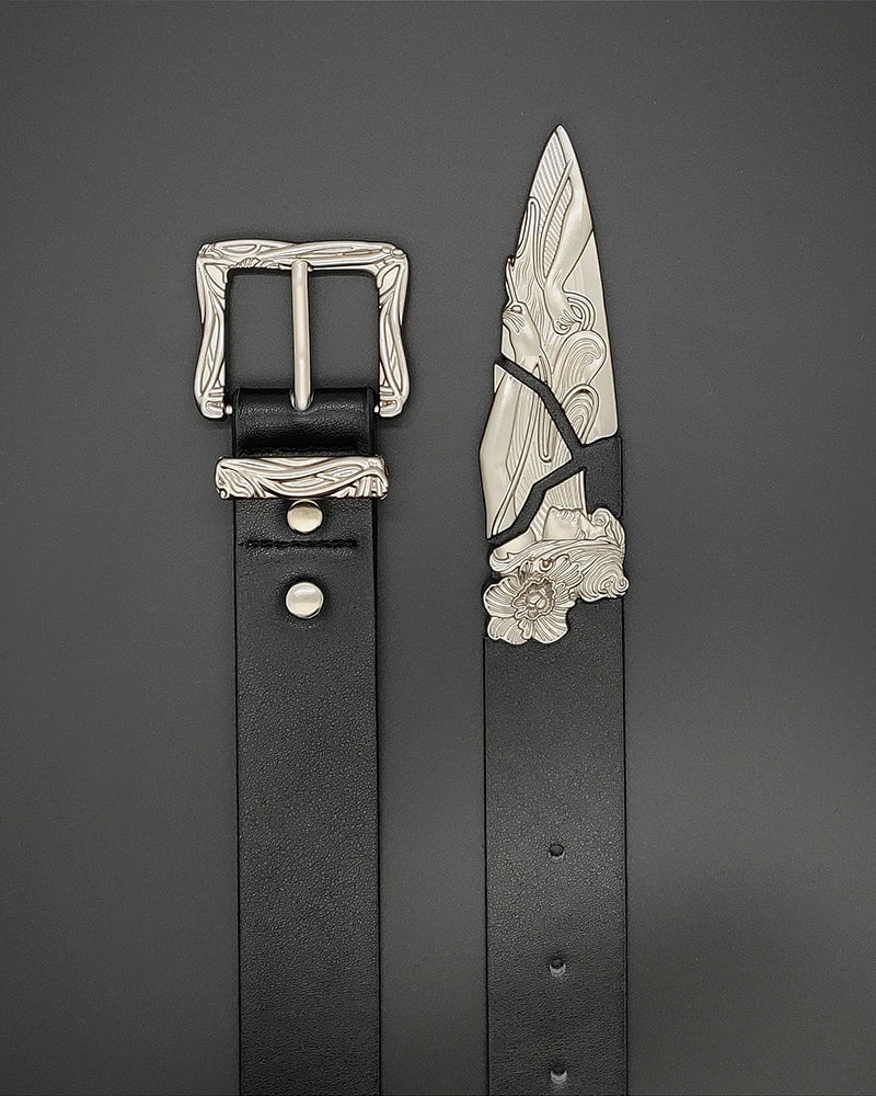 Silver-Embellished Black Eco-Leather Belt