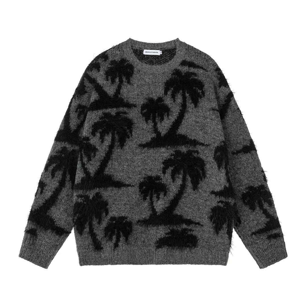 Fuzzy Palm Tree Jacquard Knit Sweater