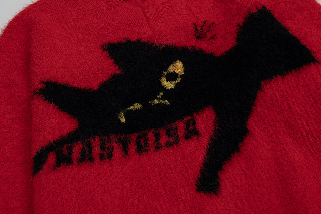 Distressed V‑Neck Black Cat Graphic Fuzzy Knit Sweater