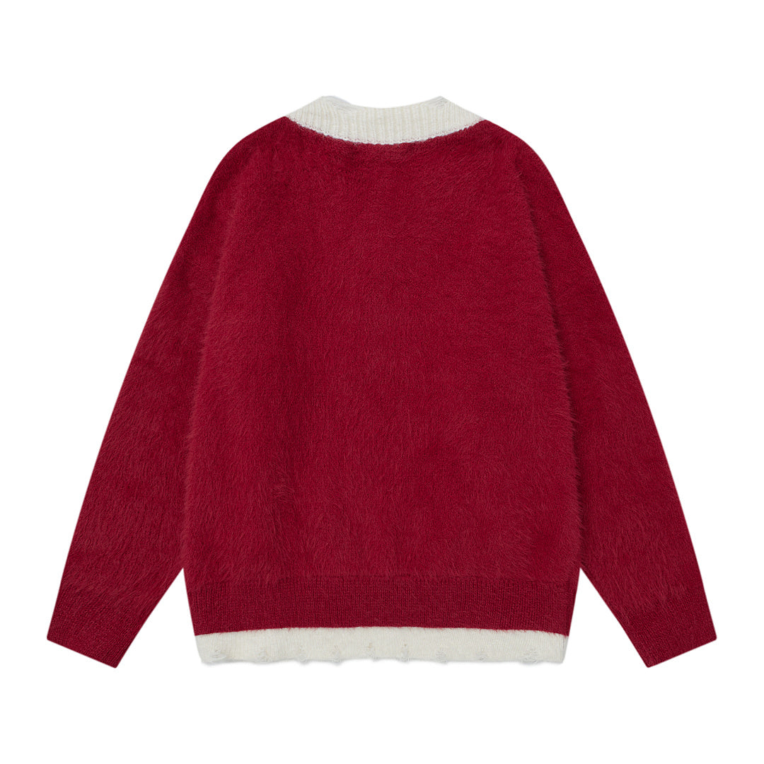Faux Mink Plaid Scarf‑Decor V‑Neck Knit Sweater