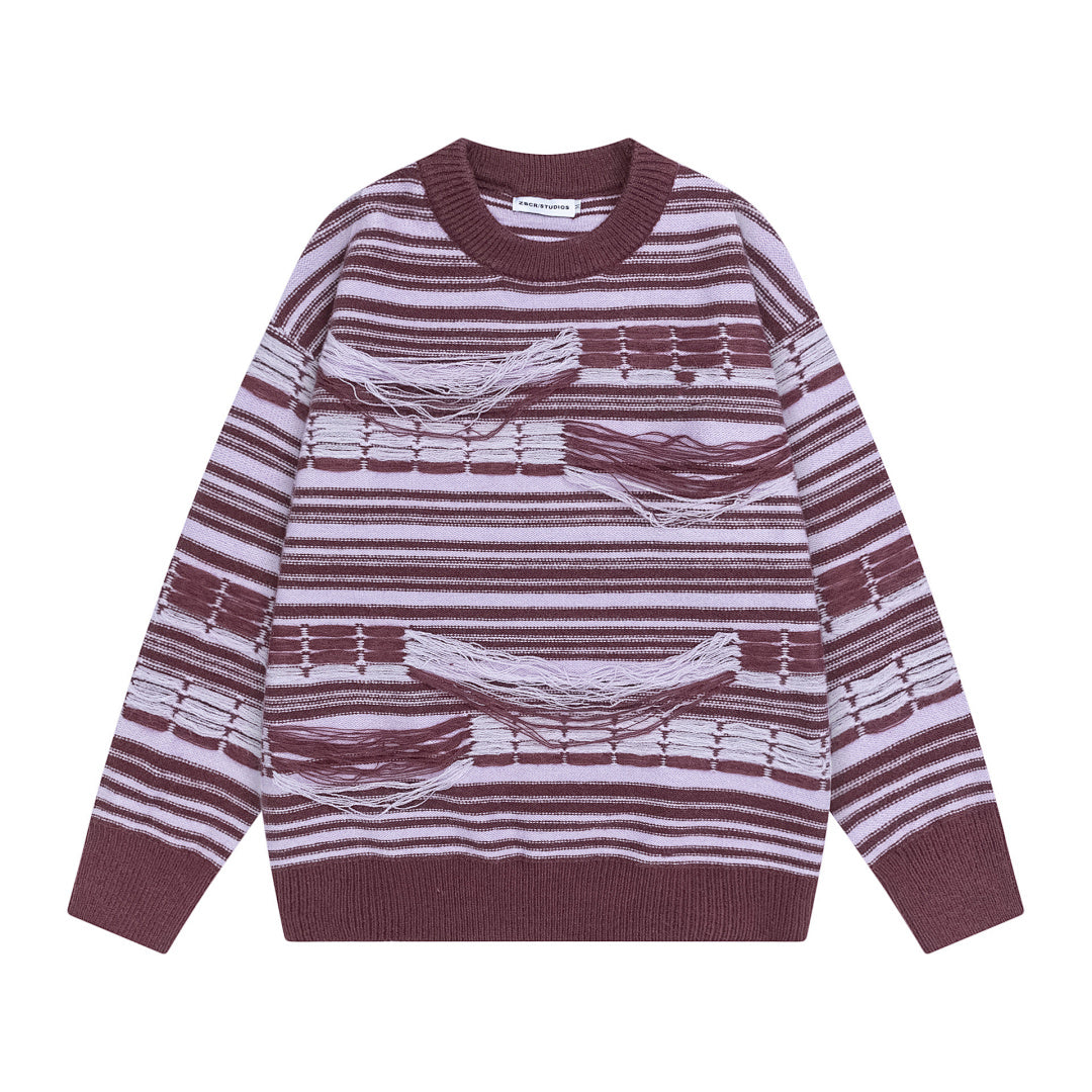 Striped Fringe Detach Knit Crewneck Sweater