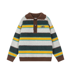Fuzzy Button Placket Stripe Mock Neck Knit Sweater